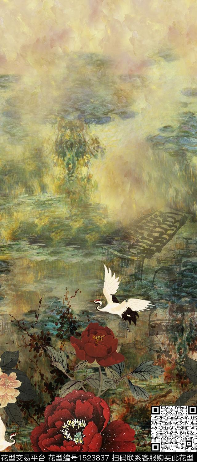 花卉香云纱中国风数码印花华亿平台下载（图片编号: 1523837） - 瓦栏（Walan）