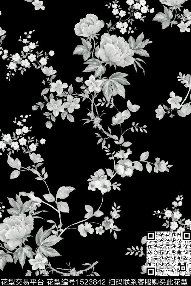 时尚黑底花卉小碎花数码印花华亿平台下载（图片编号: 1523842） - 瓦栏（Walan）