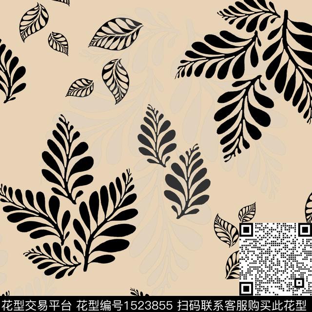 绿植树叶黑白华亿平台花卉传统印花华亿平台下载（图片编号: 1523855） - 瓦栏（Walan）