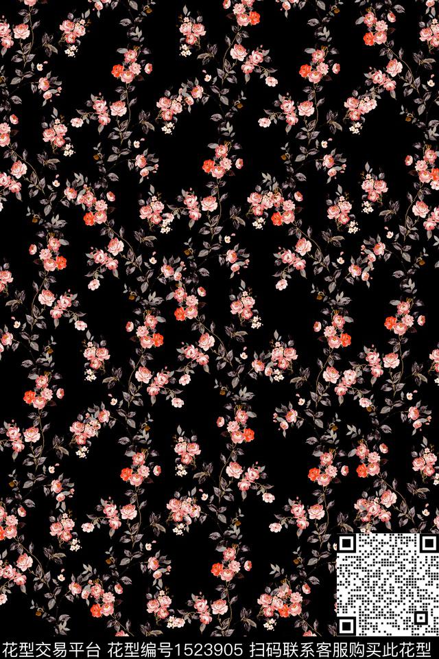 黑底花卉花卉大牌风数码印花华亿平台下载（图片编号: 1523905） - 瓦栏（Walan）