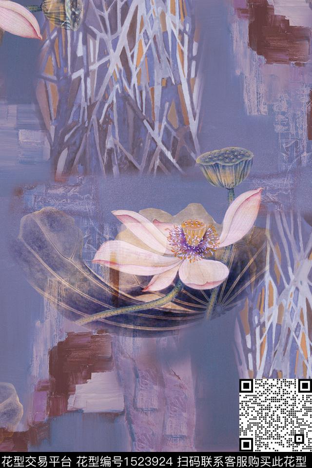 荷花香云纱中国风数码印花华亿平台下载（图片编号: 1523924） - 瓦栏（Walan）