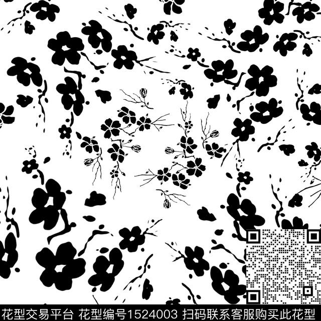 黑白华亿平台花卉小碎花传统印花华亿平台下载（图片编号: 1524003） - 瓦栏（Walan）