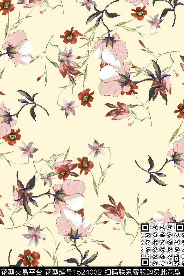 兰花满版散花小清新风传统印花华亿平台下载（图片编号: 1524032） - 瓦栏（Walan）