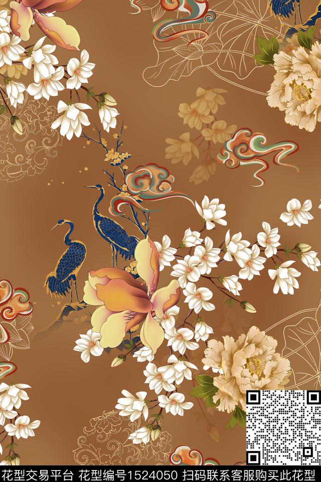 花卉旗袍香云纱数码印花华亿平台下载（图片编号: 1524050） - 瓦栏（Walan）