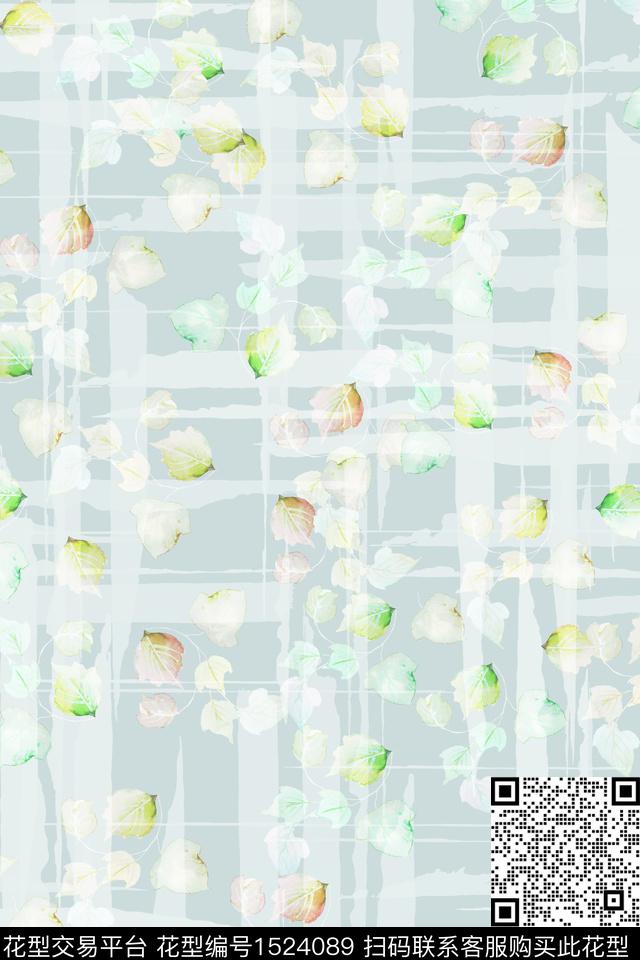 绿植树叶条纹小清新数码印花华亿平台下载（图片编号: 1524089） - 瓦栏（Walan）