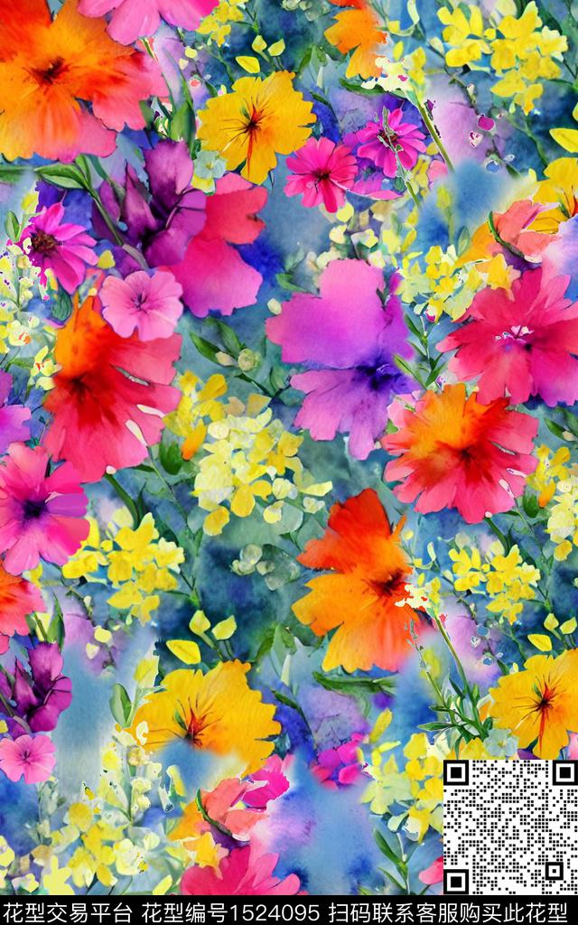花卉真丝水彩花卉数码印花华亿平台下载（图片编号: 1524095） - 瓦栏（Walan）