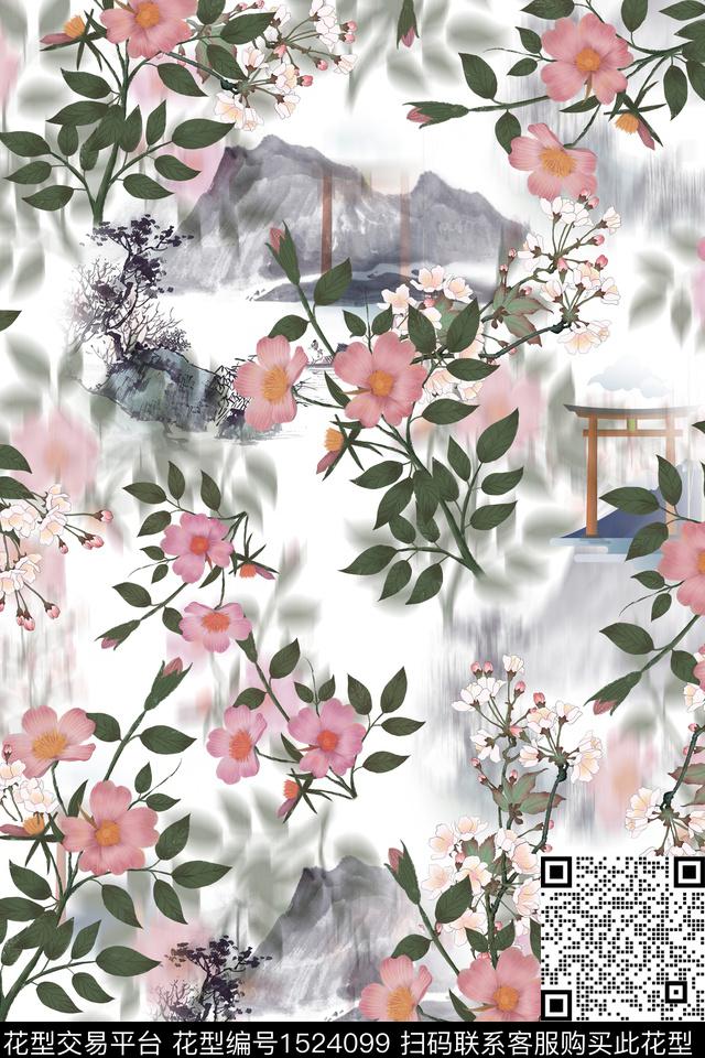 花卉水墨大花数码印花华亿平台下载（图片编号: 1524099） - 瓦栏（Walan）