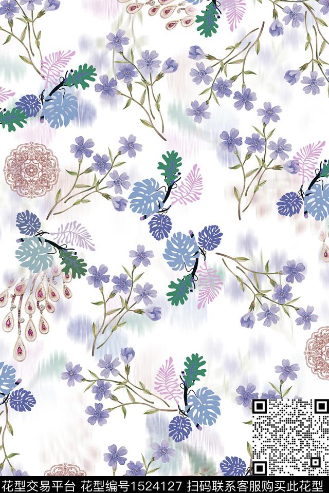 时尚绿植树叶花卉数码印花华亿平台下载（图片编号: 1524127） - 瓦栏（Walan）