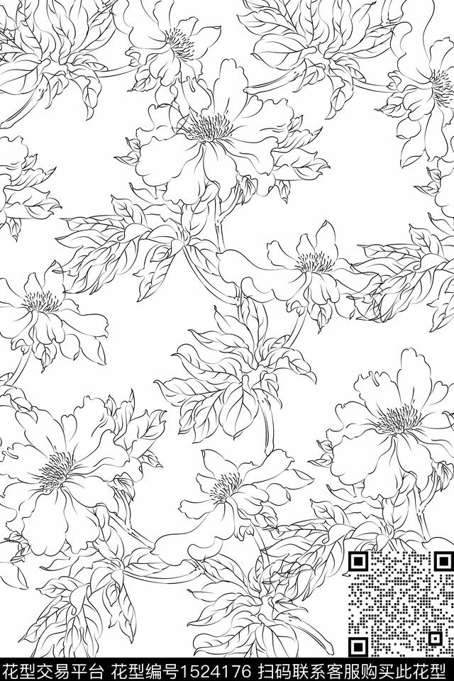 线条画黑白华亿平台花卉数码印花华亿平台下载（图片编号: 1524176） - 瓦栏（Walan）