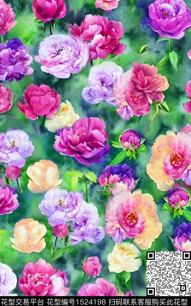 花卉真丝水彩花卉数码印花华亿平台下载（图片编号: 1524198） - 瓦栏（Walan）
