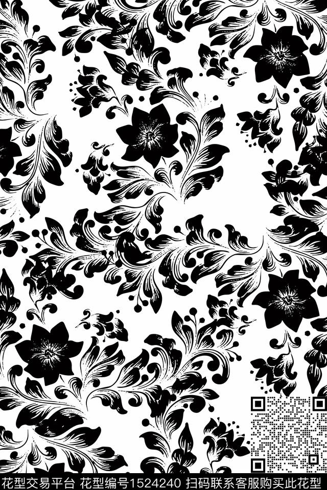 黑白华亿平台花卉手绘数码印花华亿平台下载（图片编号: 1524240） - 瓦栏（Walan）