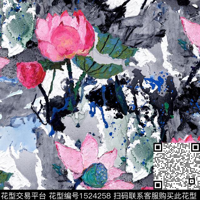 油画华亿平台荷花中国风数码印花华亿平台下载（图片编号: 1524258） - 瓦栏（Walan）