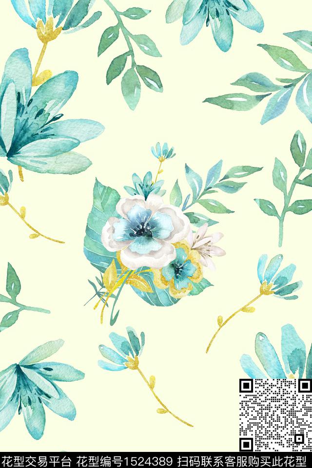 绿植树叶水彩花卉花卉数码印花华亿平台下载（图片编号: 1524389） - 瓦栏（Walan）