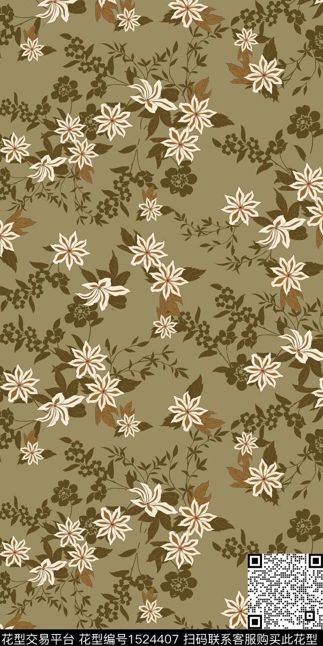 绿植树叶复古花卉数码印花华亿平台下载（图片编号: 1524407） - 瓦栏（Walan）