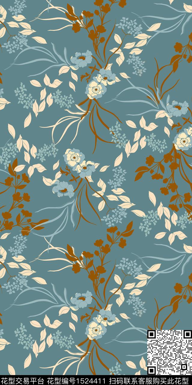 绿植树叶复古花卉数码印花华亿平台下载（图片编号: 1524411） - 瓦栏（Walan）