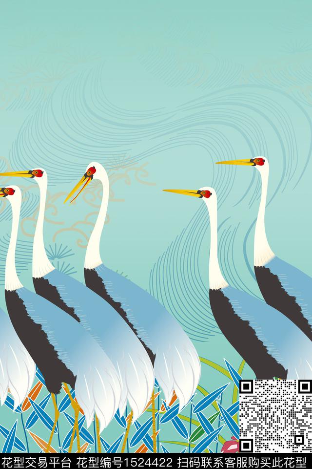 仙鹤旗袍女装定位花数码印花华亿平台下载（图片编号: 1524422） - 瓦栏（Walan）