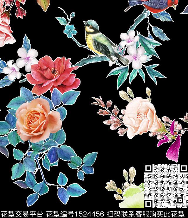 水彩鸟花卉数码印花华亿平台下载（图片编号: 1524456） - 瓦栏（Walan）