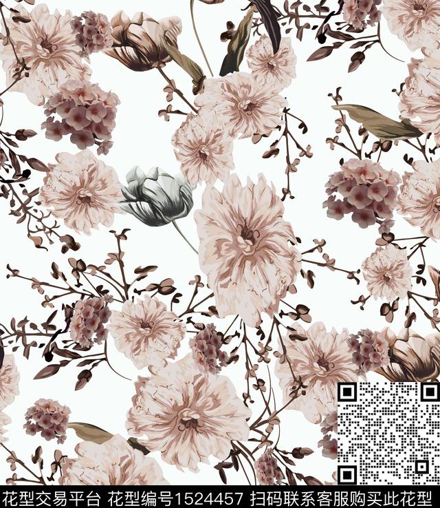 花卉手绘白底花数码印花华亿平台下载（图片编号: 1524457） - 瓦栏（Walan）