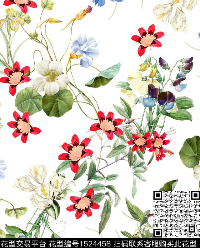复古花卉白底花数码印花华亿平台下载（图片编号: 1524458） - 瓦栏（Walan）