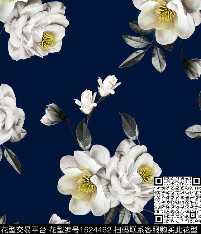 白花花卉老蓝底数码印花华亿平台下载（图片编号: 1524462） - 瓦栏（Walan）
