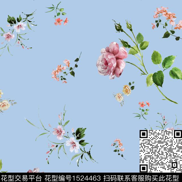水彩花卉天蓝底数码印花华亿平台下载（图片编号: 1524463） - 瓦栏（Walan）