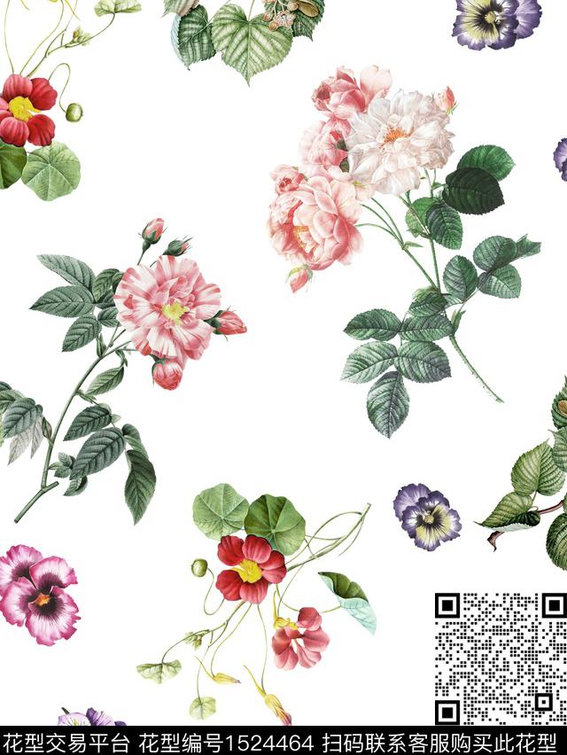复古花卉白底花数码印花华亿平台下载（图片编号: 1524464） - 瓦栏（Walan）