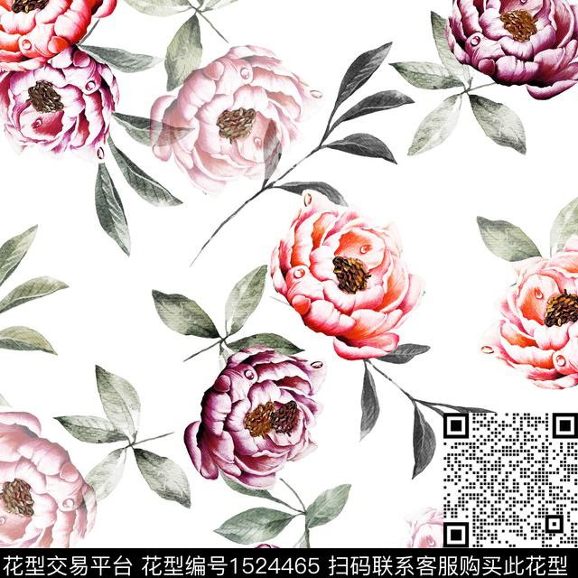 水彩花卉白底花数码印花华亿平台下载（图片编号: 1524465） - 瓦栏（Walan）
