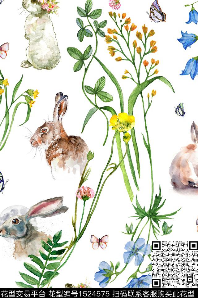 水彩花卉水彩兔子水彩蝴蝶数码印花华亿平台下载（图片编号: 1524575） - 瓦栏（Walan）
