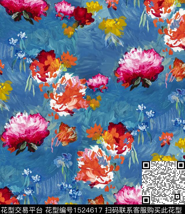 抽象花卉油画华亿平台牡丹数码印花华亿平台下载（图片编号: 1524617） - 瓦栏（Walan）