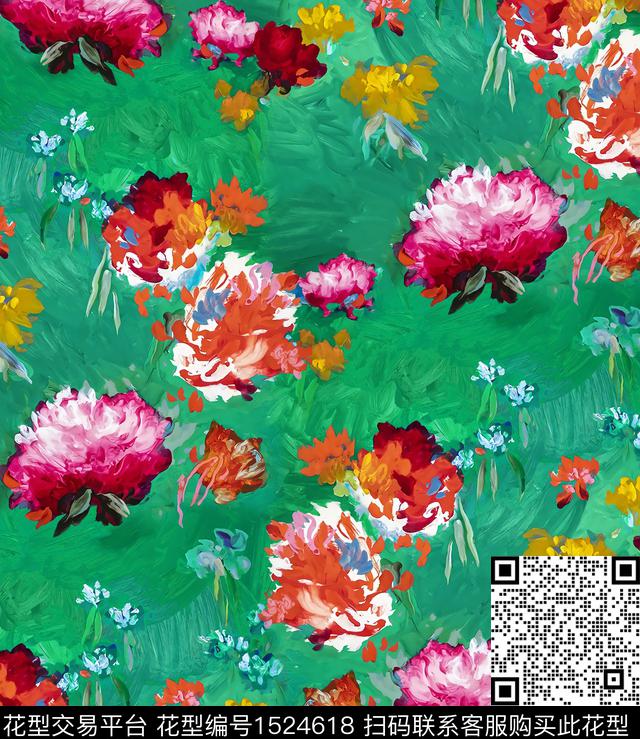 抽象花卉油画华亿平台牡丹数码印花华亿平台下载（图片编号: 1524618） - 瓦栏（Walan）