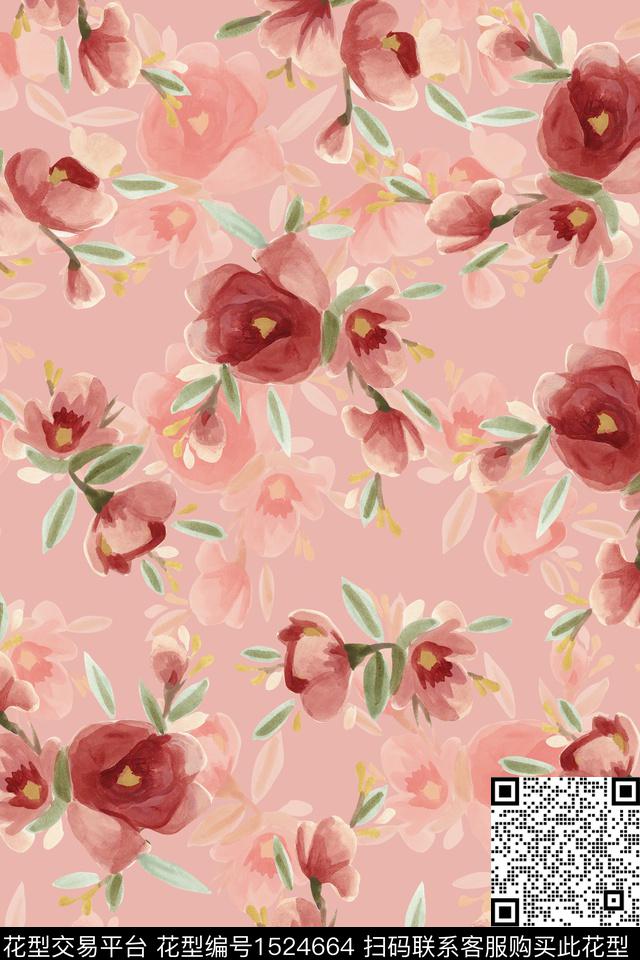 花卉水彩女装数码印花华亿平台下载（图片编号: 1524664） - 瓦栏（Walan）