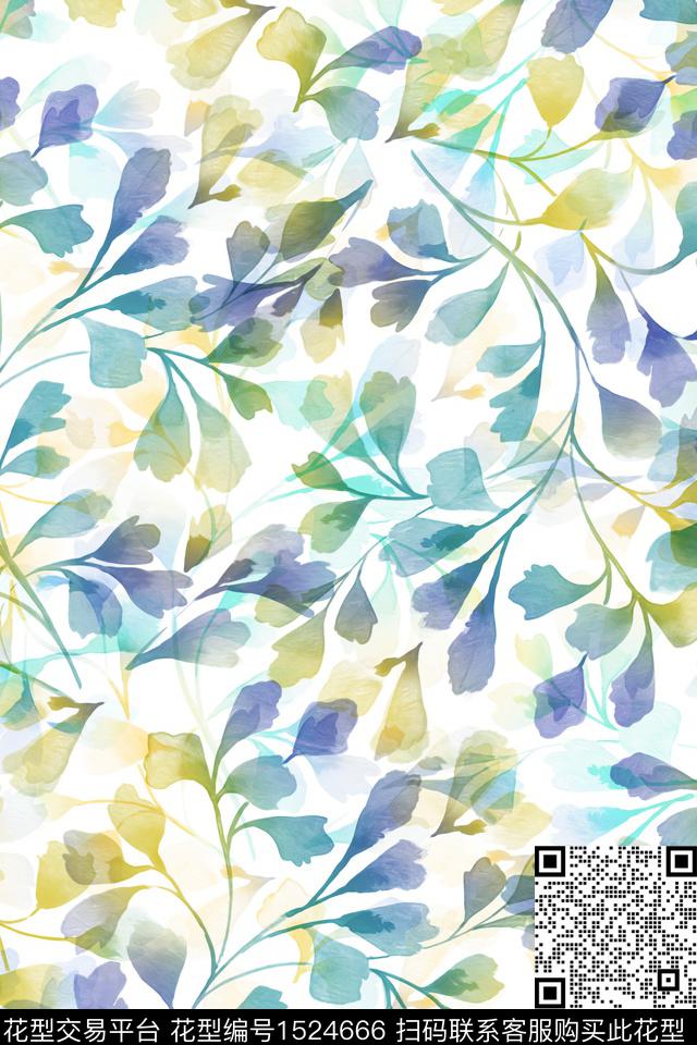 绿植树叶花卉水彩数码印花华亿平台下载（图片编号: 1524666） - 瓦栏（Walan）