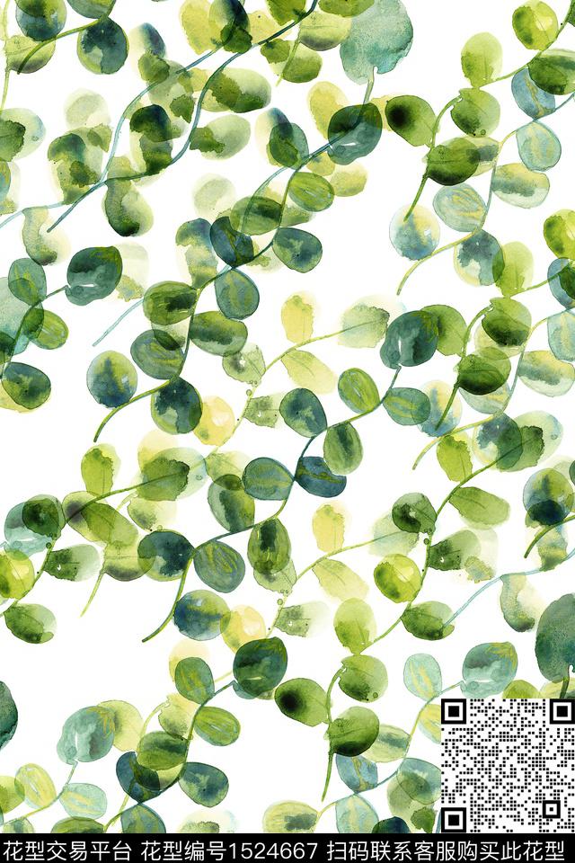 绿植树叶花卉水彩数码印花华亿平台下载（图片编号: 1524667） - 瓦栏（Walan）