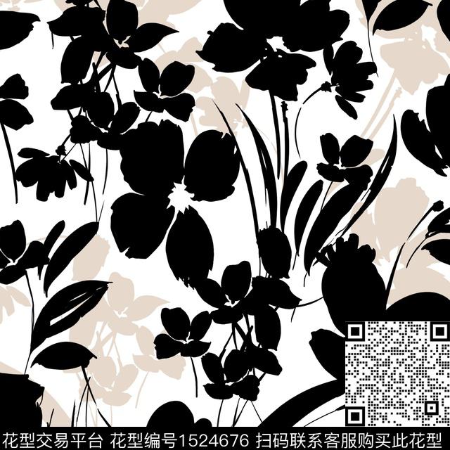 花卉年轻女性黑底花卉数码印花华亿平台下载（图片编号: 1524676） - 瓦栏（Walan）