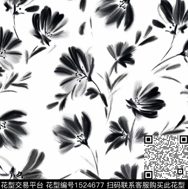 黑白华亿平台花卉水墨风数码印花华亿平台下载（图片编号: 1524677） - 瓦栏（Walan）