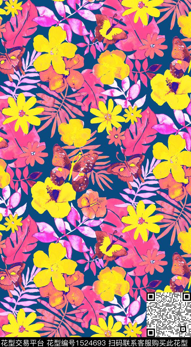 蝴蝶鲜花花卉传统印花华亿平台下载（图片编号: 1524693） - 瓦栏（Walan）