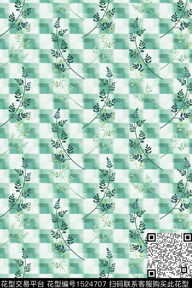 格子几何绿植树叶数码印花华亿平台下载（图片编号: 1524707） - 瓦栏（Walan）