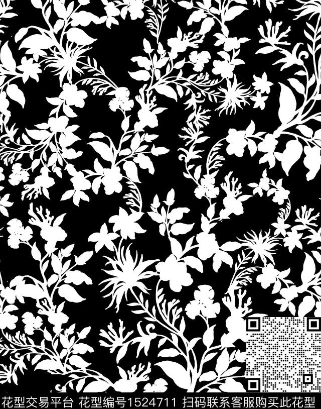 黑白华亿平台花卉小碎花数码印花华亿平台下载（图片编号: 1524711） - 瓦栏（Walan）