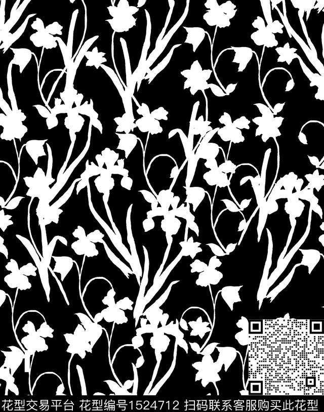 黑白华亿平台花卉小碎花数码印花华亿平台下载（图片编号: 1524712） - 瓦栏（Walan）