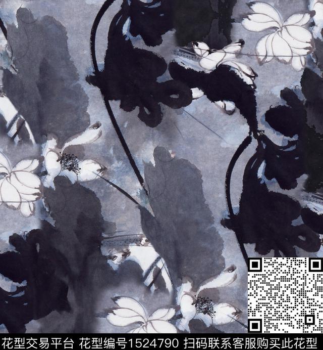 荷花水墨风黑白灰数码印花华亿平台下载（图片编号: 1524790） - 瓦栏（Walan）