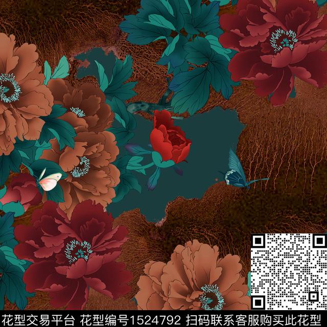 旗袍香云纱牡丹数码印花华亿平台下载（图片编号: 1524792） - 瓦栏（Walan）