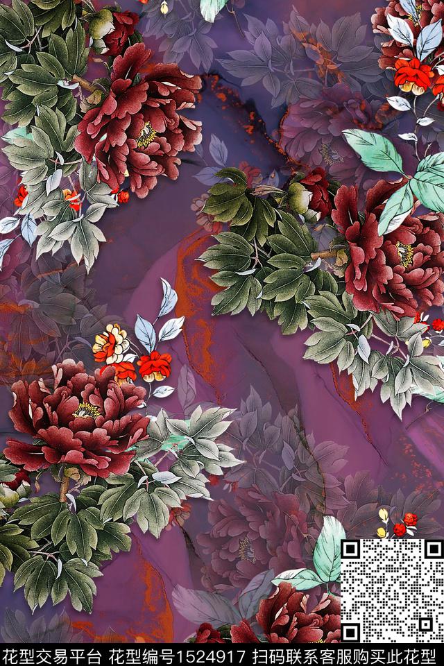 花卉大花水彩数码印花华亿平台下载（图片编号: 1524917） - 瓦栏（Walan）
