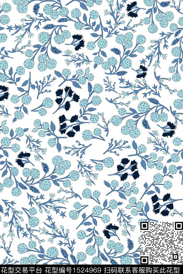 蓝色花卉小碎花数码印花华亿平台下载（图片编号: 1524969） - 瓦栏（Walan）