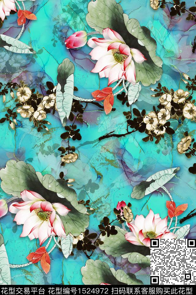 花卉大花水彩数码印花华亿平台下载（图片编号: 1524972） - 瓦栏（Walan）