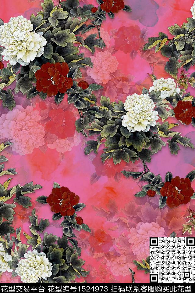花卉大花水彩数码印花华亿平台下载（图片编号: 1524973） - 瓦栏（Walan）