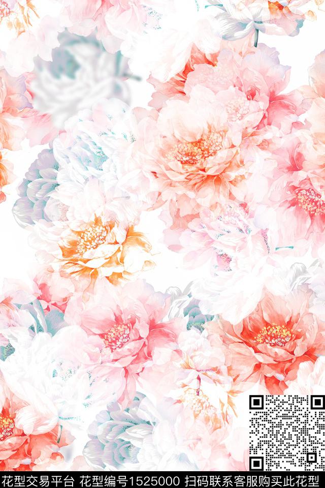 花卉小清新大花数码印花华亿平台下载（图片编号: 1525000） - 瓦栏（Walan）