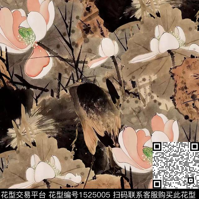 荷花水墨风国风数码印花华亿平台下载（图片编号: 1525005） - 瓦栏（Walan）