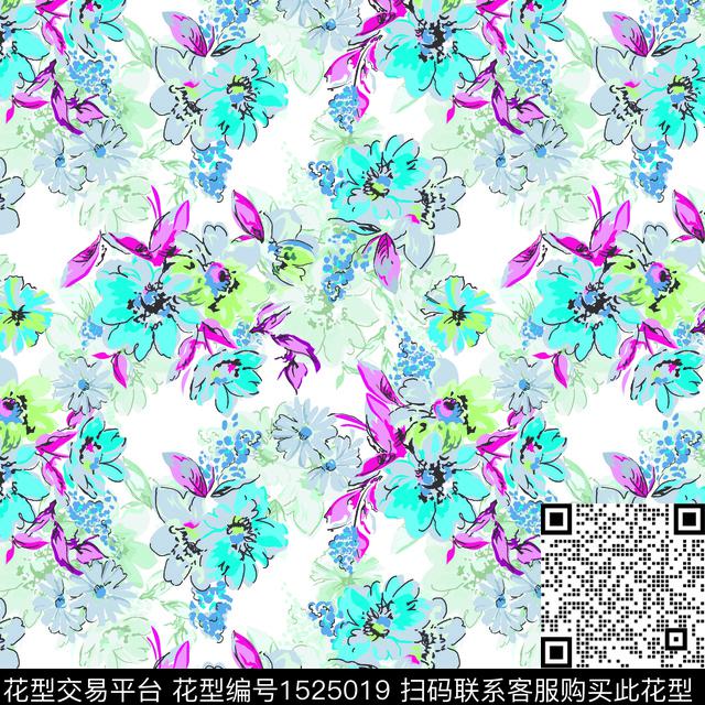 文艺春夏华亿平台手绘花卉数码印花华亿平台下载（图片编号: 1525019） - 瓦栏（Walan）