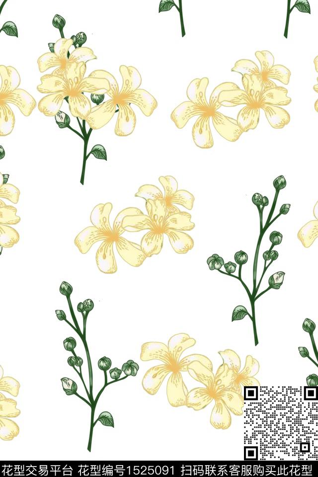 花卉清爽底花卉绿植树叶数码印花华亿平台下载（图片编号: 1525091） - 瓦栏（Walan）