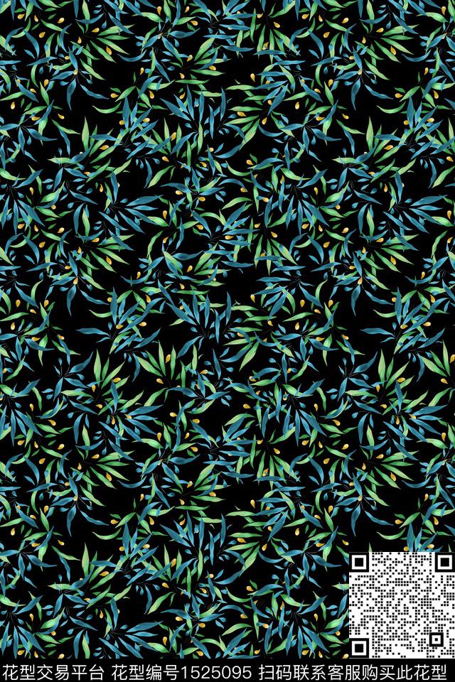 黑底花卉绿植树叶小清新数码印花华亿平台下载（图片编号: 1525095） - 瓦栏（Walan）